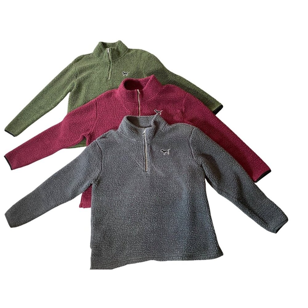 Victorias Secret Pink Sherpa 1/4 Zip Pullover Sweatshirt Gray Red Green Large